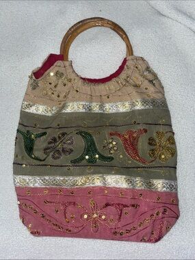 Embroidered Multi-Color Bamboo Handle Tote Bag
